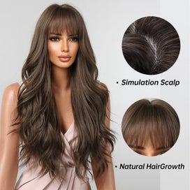 Listing 8 of 8 for Brown Wavy Wigs for Women with Bangs Long Natural Synthetic Hair Wig Daily Co...