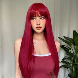 Listing 2 of 3 for Light Wine Red Synthetic Wigs With Bangs for Women Long Straight Hair Wig Nat...