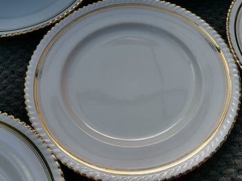 Listing 2 of 7 for 6 Vintage English Bone China Johnson bros plates white with gold rim