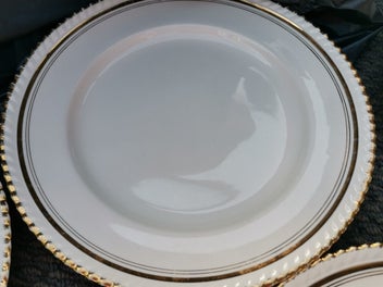 Listing 1 of 7 for 6 Vintage English Bone China Johnson bros plates white with gold rim