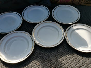 Listing 3 of 7 for 6 Vintage English Bone China Johnson bros plates white with gold rim