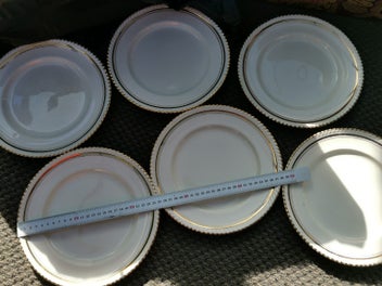 Listing 4 of 7 for 6 Vintage English Bone China Johnson bros plates white with gold rim