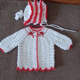 Listing 1 of 5 for little girls crochet jacket & hat white & red trims roses & ribbon approx. 9m