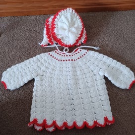 Listing 2 of 5 for little girls crochet jacket & hat white & red trims roses & ribbon approx. 9m