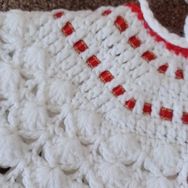 Listing 3 of 5 for little girls crochet jacket & hat white & red trims roses & ribbon approx. 9m
