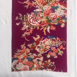 Listing 3 of 10 for Japanese Vintage Silk Kimono Panel Fabric Piece Bright Floral Print