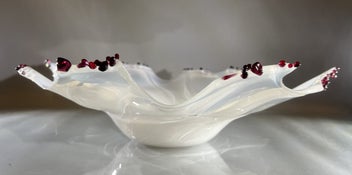 Listing 8 of 10 for Vintage Large Opalescent Art Glass Bowl with Applied Red Glass Detail