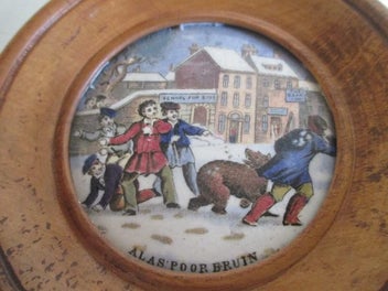 Listing 2 of 3 for POT LID .RARE. "ALAS POOR BRUIN". FRAMED.EXCELLENT FRONT