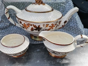 Listing 1 of 15 for Rare vintage Wade England tea set, ivory and gold grapevine , creamer sugar