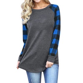Listing 9 of 17 for Plain Long Sleeve Plaid Blouse