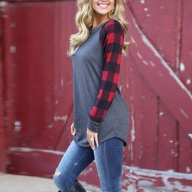 Listing 14 of 17 for Plain Long Sleeve Plaid Blouse