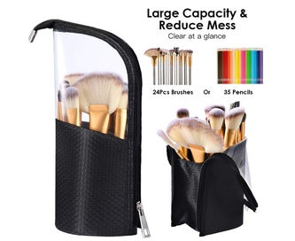 Listing 3 of 5 for Travel Make-up Brush Cup Holder Organizer Bag, Pencil Pen Case - Black+Pink