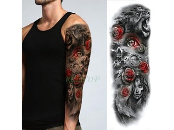 Listing 5 of 10 for Waterproof Temporary Tattoo Sticker - Eye Clock Bird Pagoda Full Arm Large Size