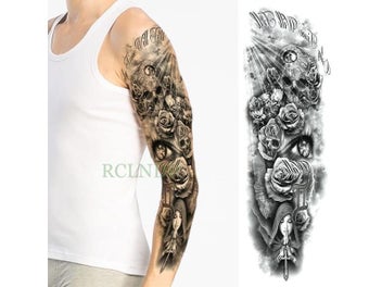 Listing 6 of 10 for Waterproof Temporary Tattoo Sticker - Eye Clock Bird Pagoda Full Arm Large Size