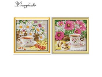 Listing 3 of 7 for Afternoon Tea Cross Stitch Kit Flower Food Still Life 18ct 14ct 11ct Printed