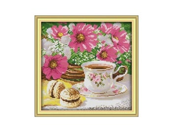 Listing 5 of 7 for Afternoon Tea Cross Stitch Kit Flower Food Still Life 18ct 14ct 11ct Printed