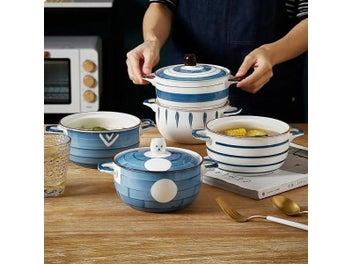 Listing 3 of 10 for Ceramic Instant Noodle Bowl With Lid Japanese Binaural 6-Inch Salad Bowl