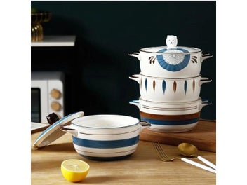 Listing 4 of 10 for Ceramic Instant Noodle Bowl With Lid Japanese Binaural 6-Inch Salad Bowl