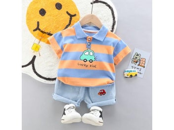 Listing 5 of 11 for High-Quality Baby Boys Polo Shirt Handsome Denim Shorts 2-Piece Set Kids Girls
