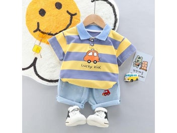 Listing 6 of 11 for High-Quality Baby Boys Polo Shirt Handsome Denim Shorts 2-Piece Set Kids Girls