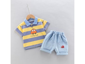 Listing 7 of 11 for High-Quality Baby Boys Polo Shirt Handsome Denim Shorts 2-Piece Set Kids Girls