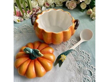 Listing 1 of 8 for European-style Garden Ceramic Pumpkin Soup Pot With Soup Spoon Holiday Gift