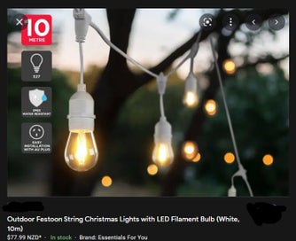 Listing 6 of 6 for Outdoor Festoon String Christmas Lights with LED Filament Bulb (White 20m)