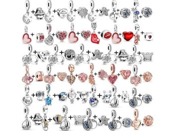 Listing 3 of 9 for 2Pcs Silver Color 45 Styles Pink Beads Pendant Fits DIY Brand Charm Bracelets