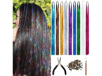 Listing 2 of 8 for AZQUEEN Long Sparkle Shiny Hair Tinsel Rainbow Silk Hair Extensions Dazzles