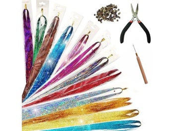 Listing 4 of 8 for AZQUEEN Long Sparkle Shiny Hair Tinsel Rainbow Silk Hair Extensions Dazzles
