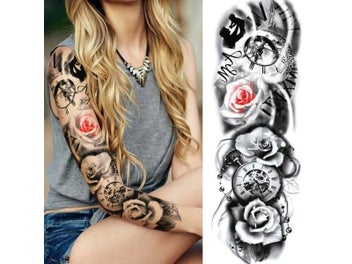 Listing 5 of 9 for Sexy Long Full Arm Rose Clock Temporary Tattoos For Men Women Tatoo Body Leg