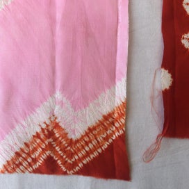 Listing 9 of 9 for Vintage Pink Red Hand Dyed Japanese Shibori Silk Kimono Panel Fabric Pieces x3