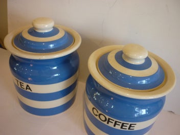 Listing 1 of 7 for CORNISHWARE LOOKALIKE "CLOVERLEAF" COFFEE & TEA CANNISTERS.