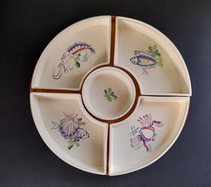 Listing 1 of 5 for Poole Pottery Seafood Complete Hors D'oeuvres Set on Wooden Tray C1950's