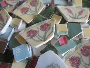 Listing 2 of 3 for MOSAICS~ Modern Florals "Crimson & Aqua!"~ Hand Cut Porcelain & Tile Mix!