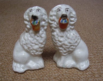 Listing 1 of 8 for Pair of Victorian Staffordshire dogs, Little Lion Dogs with Flower Baskets