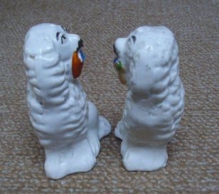 Listing 5 of 8 for Pair of Victorian Staffordshire dogs, Little Lion Dogs with Flower Baskets