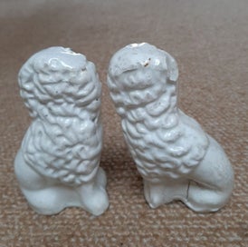 Listing 4 of 8 for Pair of Victorian Staffordshire dogs, Little Lion Dogs with Flower Baskets