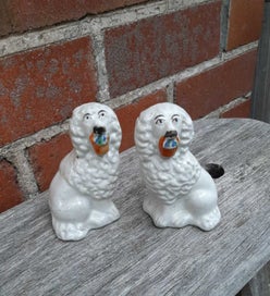 Listing 2 of 8 for Pair of Victorian Staffordshire dogs, Little Lion Dogs with Flower Baskets