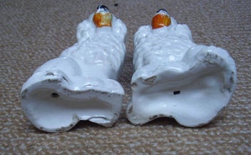 Listing 8 of 8 for Pair of Victorian Staffordshire dogs, Little Lion Dogs with Flower Baskets
