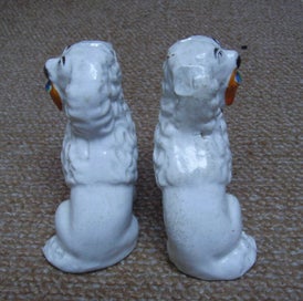 Listing 6 of 8 for Pair of Victorian Staffordshire dogs, Little Lion Dogs with Flower Baskets