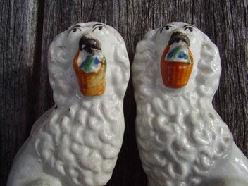 Listing 3 of 8 for Pair of Victorian Staffordshire dogs, Little Lion Dogs with Flower Baskets