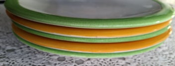 Listing 3 of 11 for Temuka green and orange banded dinner plates x 5