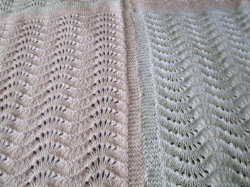 Listing 2 of 4 for Baby Shawl/ cot blanket. Baby pink and white 4 ply Feather and Fans