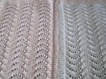 Listing 4 of 4 for Baby Shawl/ cot blanket. Baby pink and white 4 ply Feather and Fans