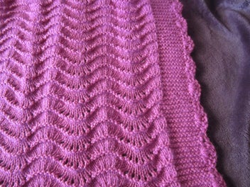 Listing 2 of 3 for Baby Shawl/ cot blanket. Raspberry Feather and Fans d/knit (SPECIAL)