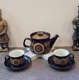 Listing 6 of 8 for Vintage Denby Arabesque Tea Set. Teapot, Four Teacups, & Four Saucers. As New.
