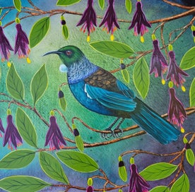 Listing 7 of 20 for Tui Bird and Tree Fuchsia Blossoms- 'A Splash Of Joy '