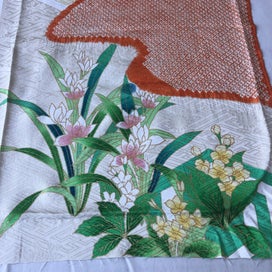 Listing 5 of 16 for Vintage Japanese Rinzu Silk Hand Shibori Dyed Floral Print Kimono Panel Fabric