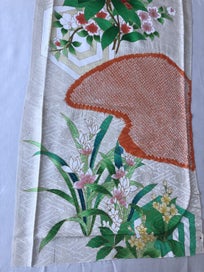 Listing 12 of 16 for Vintage Japanese Rinzu Silk Hand Shibori Dyed Floral Print Kimono Panel Fabric